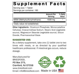 Brieofood MSM 1500mg 180 Tablettes - étiquette détaillée