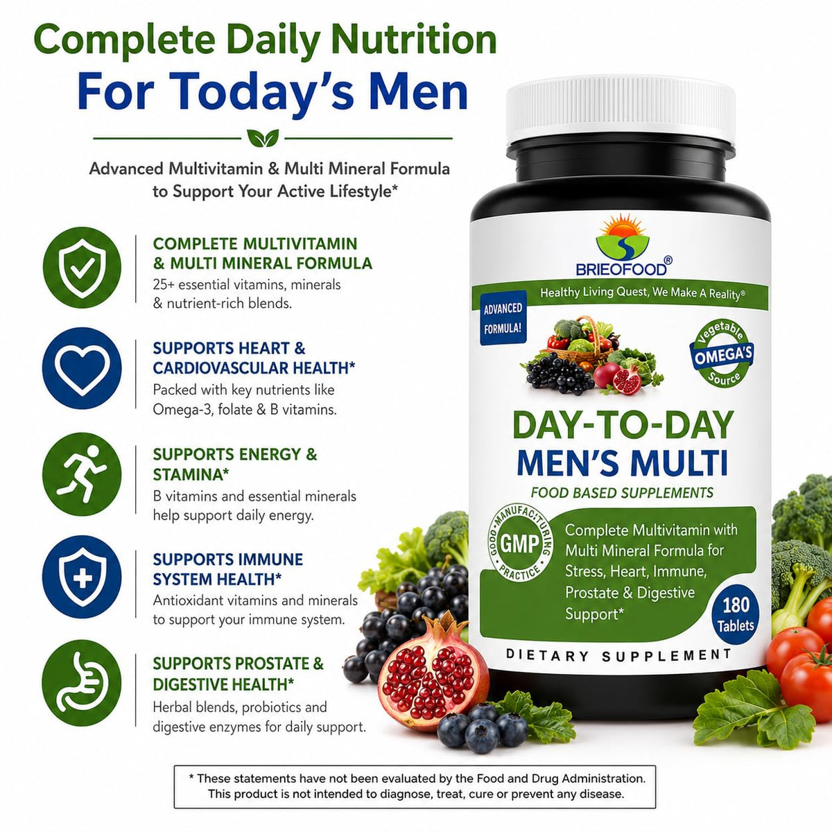 Brieofood Multivitamines Quotidiennes pour Hommes, étiquette et informations nutritionnelles