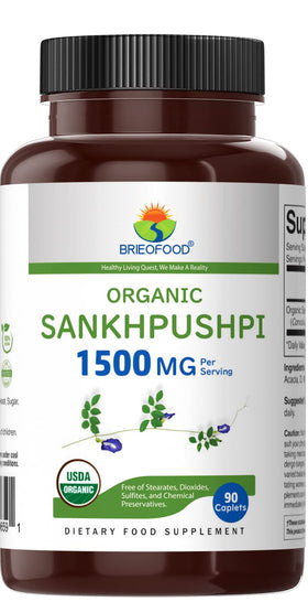 Brieofood Sankhpushpi 1500mg tablettes végétariennes sur une surface blanche