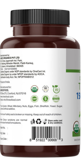 Brieofood Tulsi Bio 1500mg comprimés végétariens avec un verre d'eau