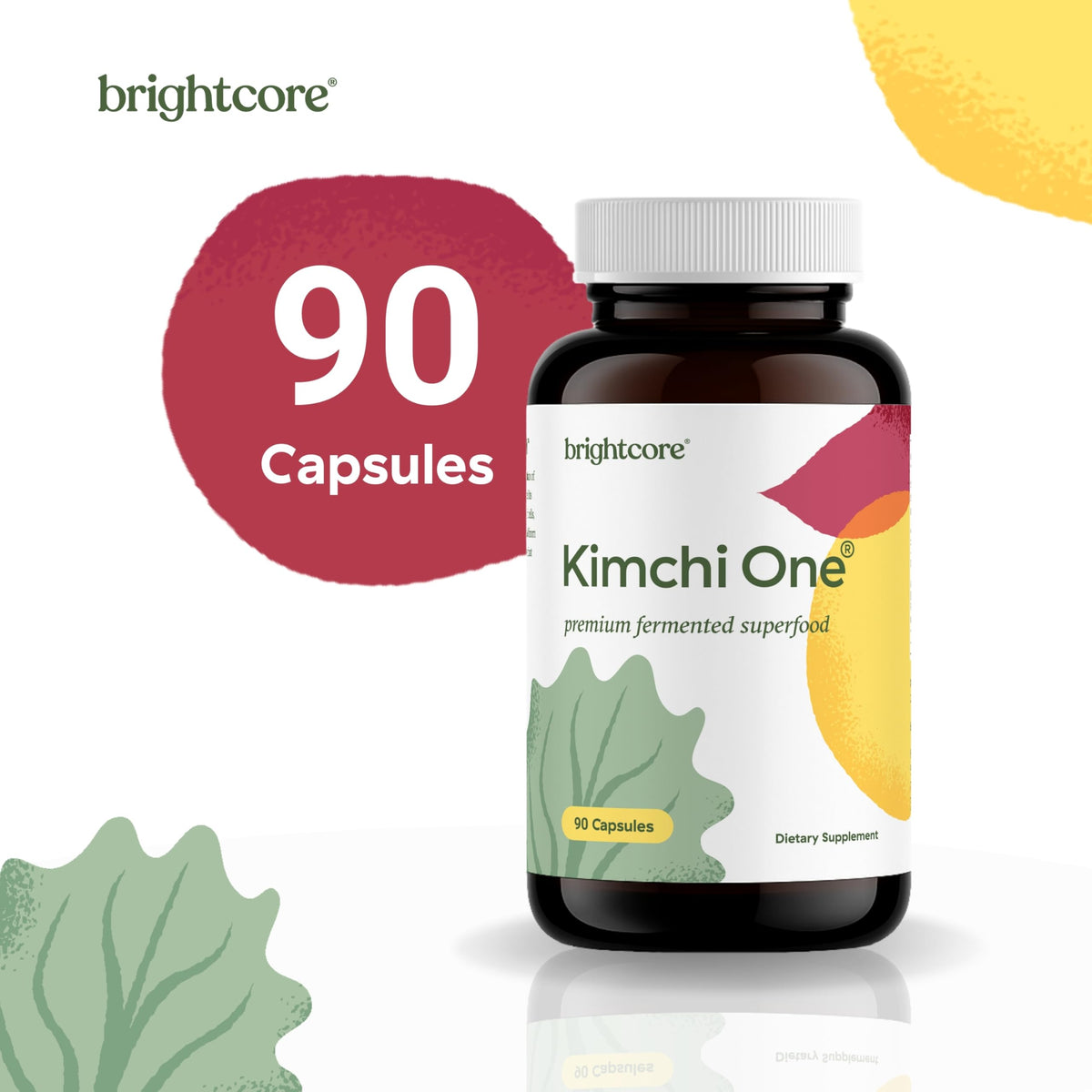 Brightcore Kimchi One capsules à côté d'une boisson saine