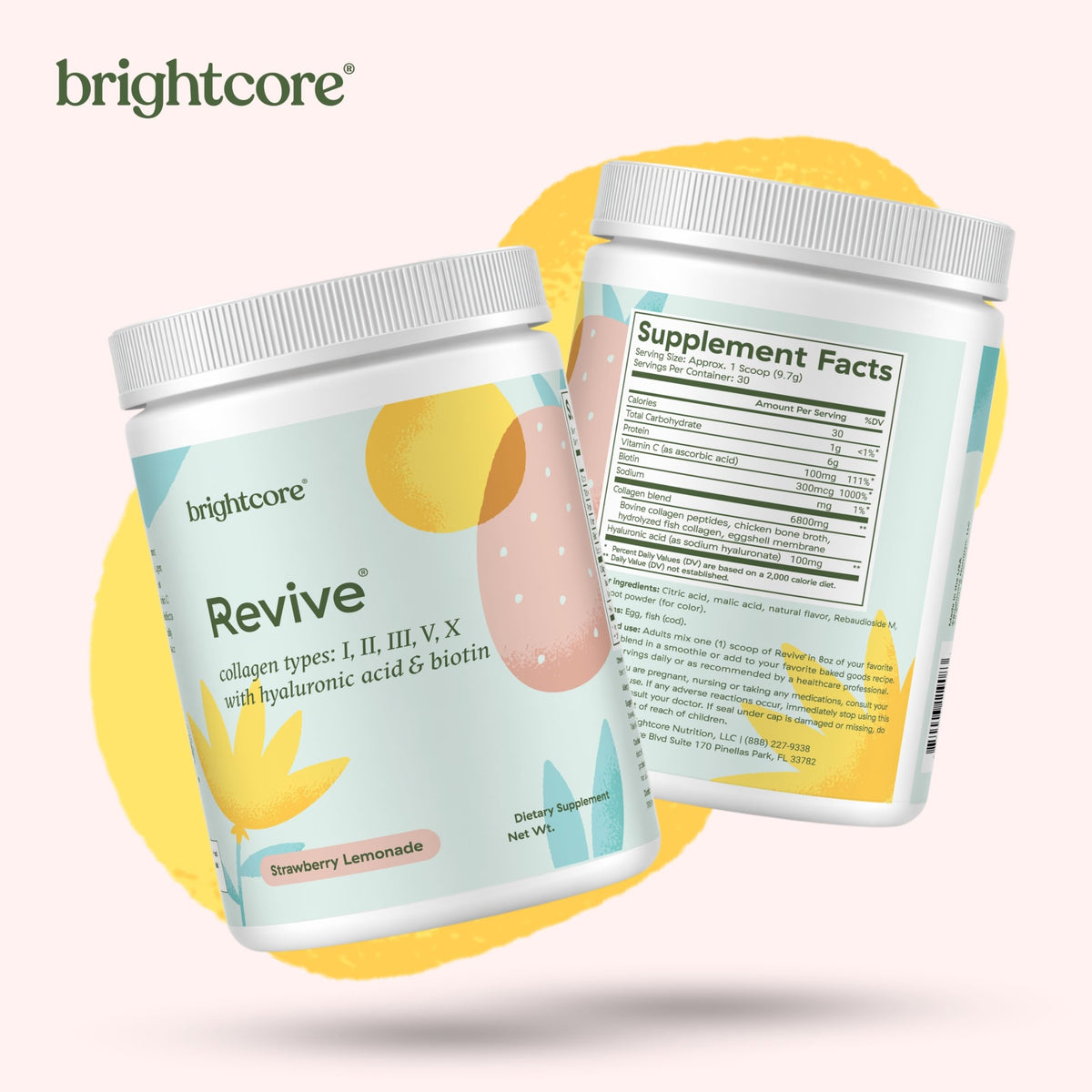 Brightcore Poudre de Protéine Multi-Collagène 372g sur une table avec fruits frais