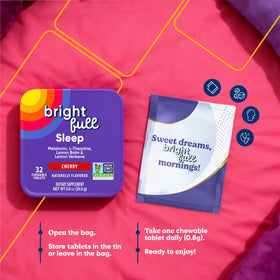 BRIGHTFULL comprimés à mâcher, présentation sur un bureau