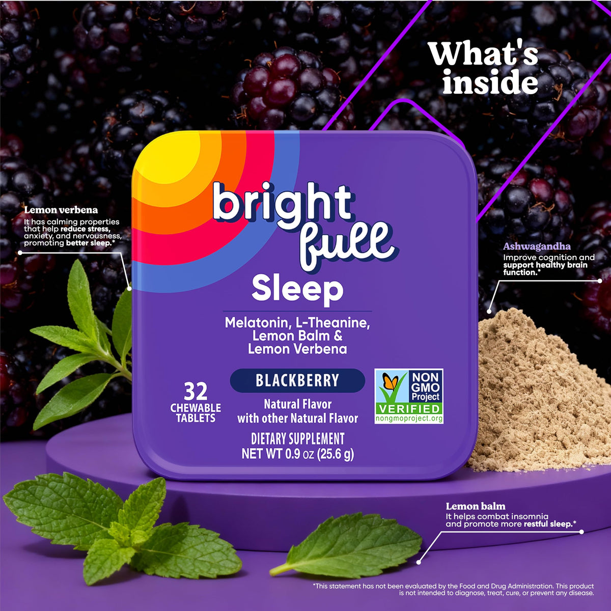 BRIGHTFULL comprimés à mâcher sommeil, coloris mûre sur fond coloré