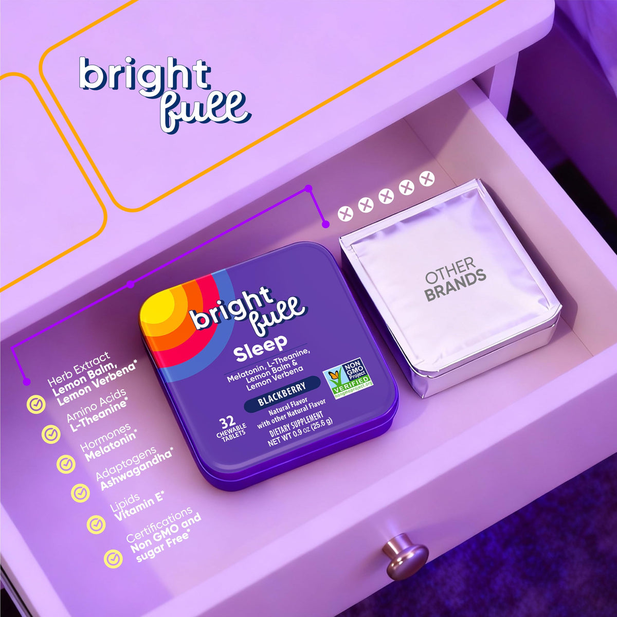 BRIGHTFULL comprimés à mâcher sommeil, présentation en gros plan avec une tablette visible