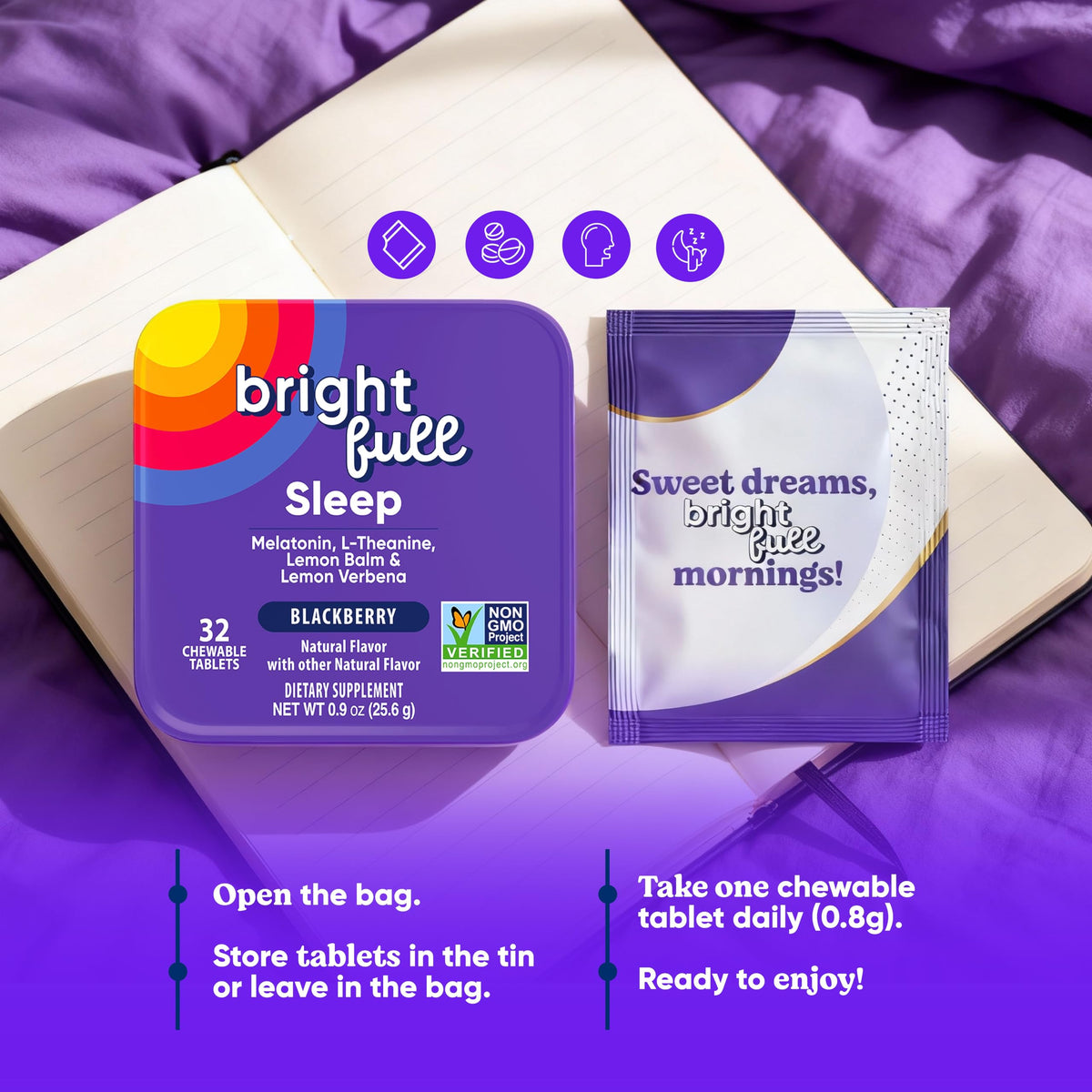 BRIGHTFULL comprimés à mâcher sommeil, vue de côté, boîte ouverte
