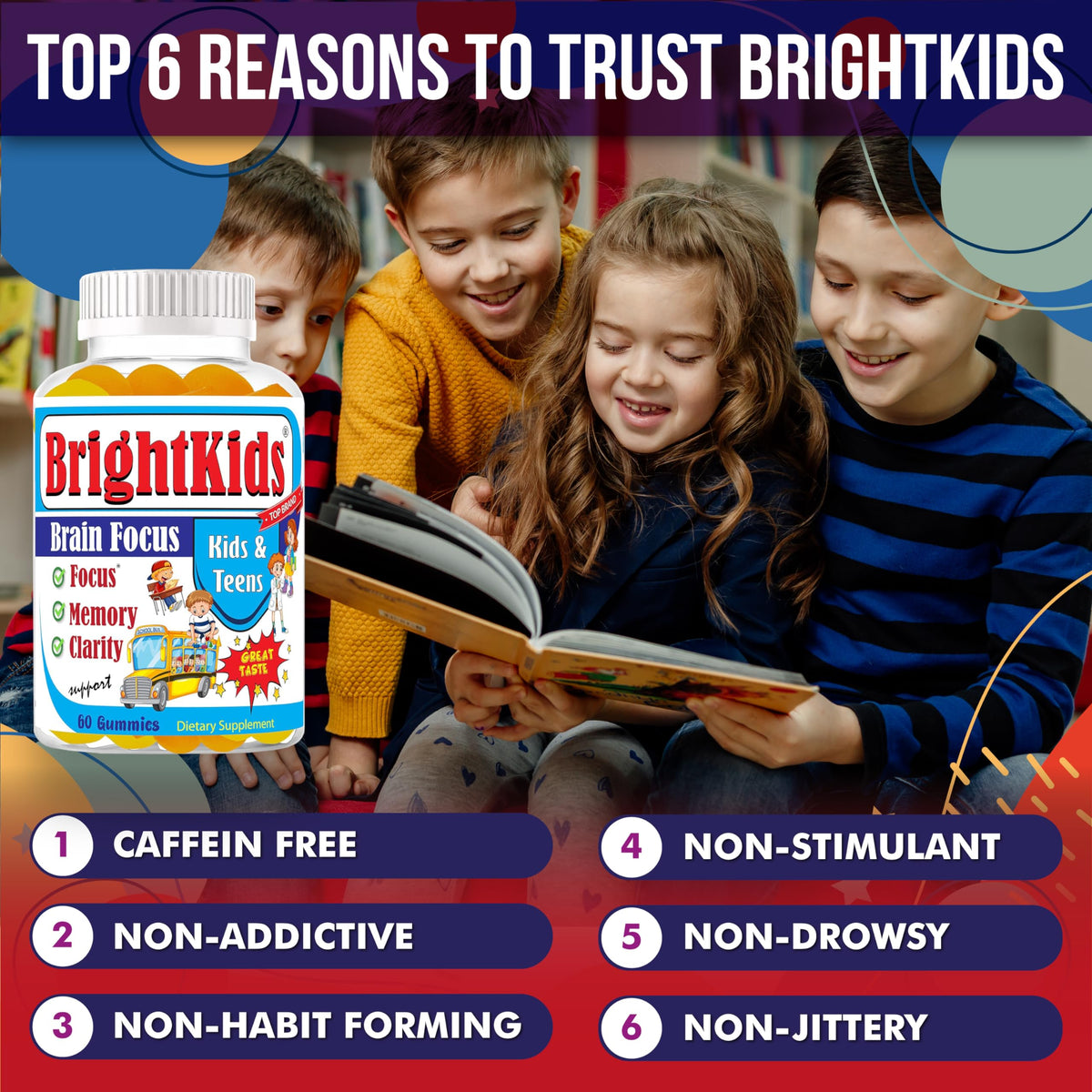 BrightKids Gummies Cérébrales à côté d'une tasse et de livres