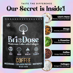 BRIODOSE MUSHROOM COFFEE avec collagène et champignons sur une table
