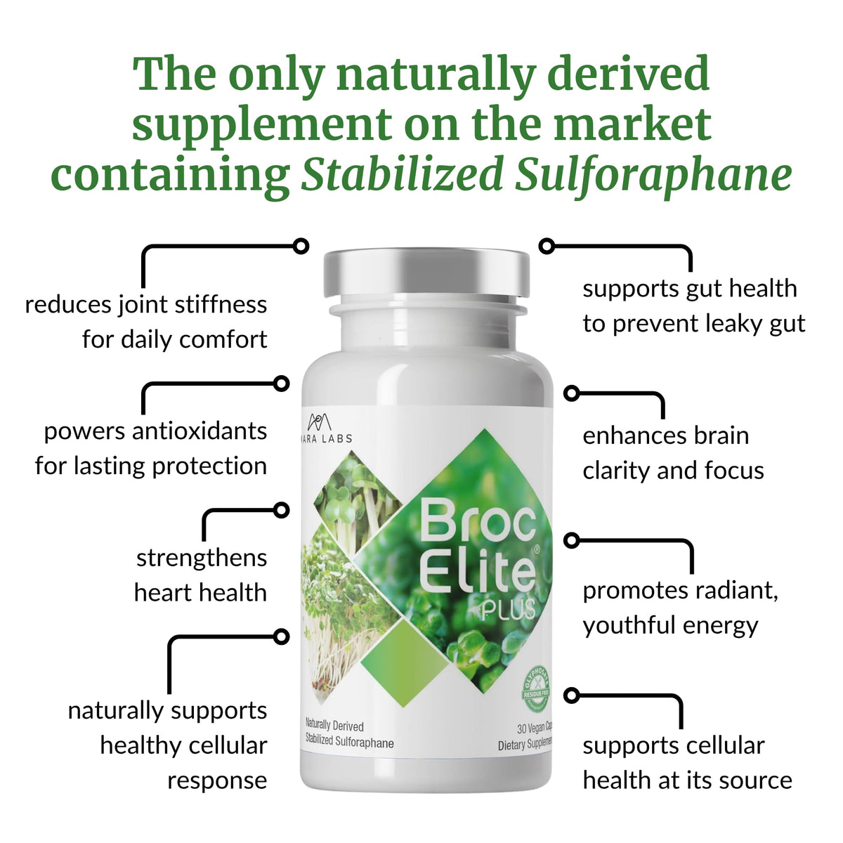 BrocElite Broccoli Sulforaphane 30 Capsules, capsules à côté d'une assiette de brocoli