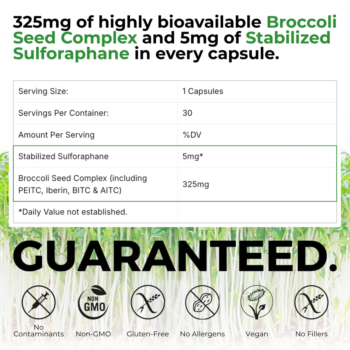BrocElite Broccoli Sulforaphane 30 Capsules, étiquette avec ingrédients