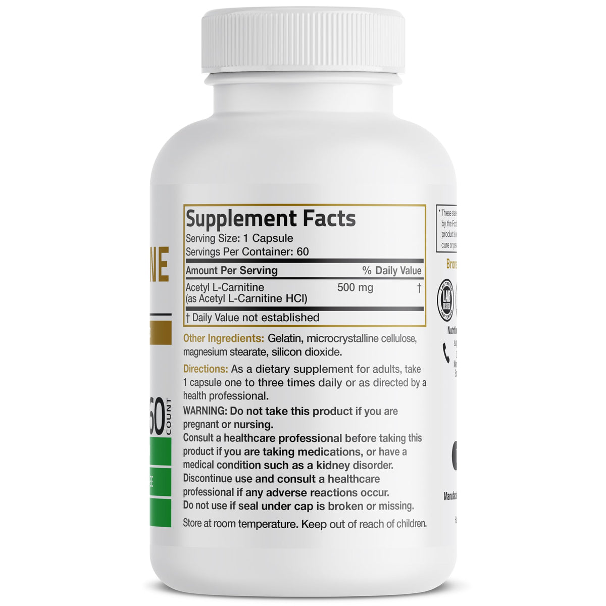 Bronson Acetyl L-Carnitine 500 mg capsules, côté de la boîte