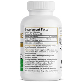 Bronson Acetyl L-Carnitine 500 mg capsules, côté de la boîte