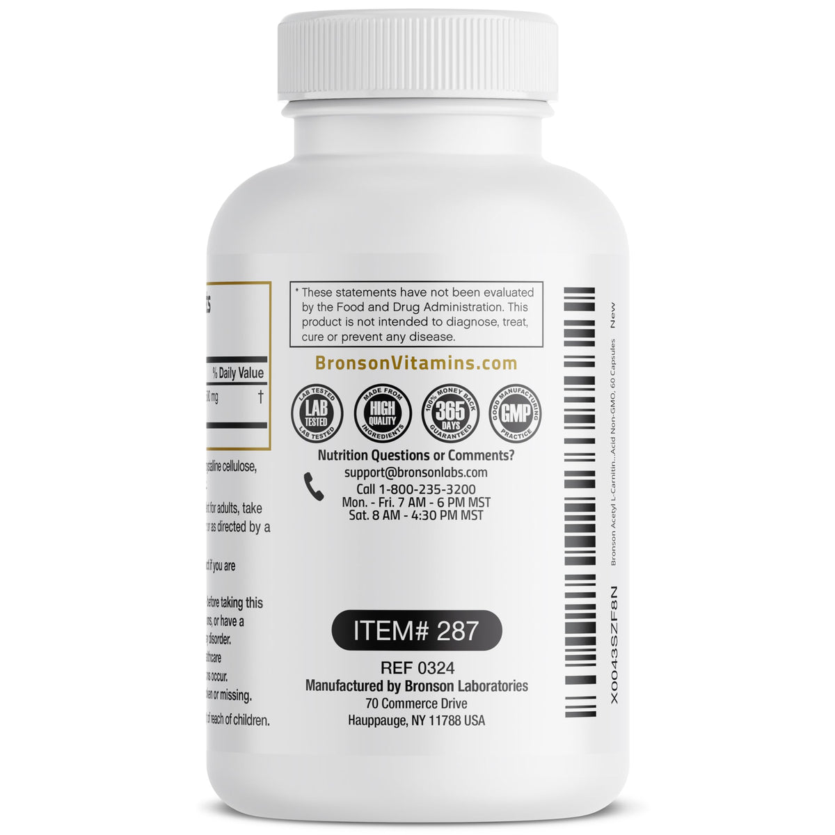 Bronson Acetyl L-Carnitine 500 mg capsules, vue en gros plan de la capsule