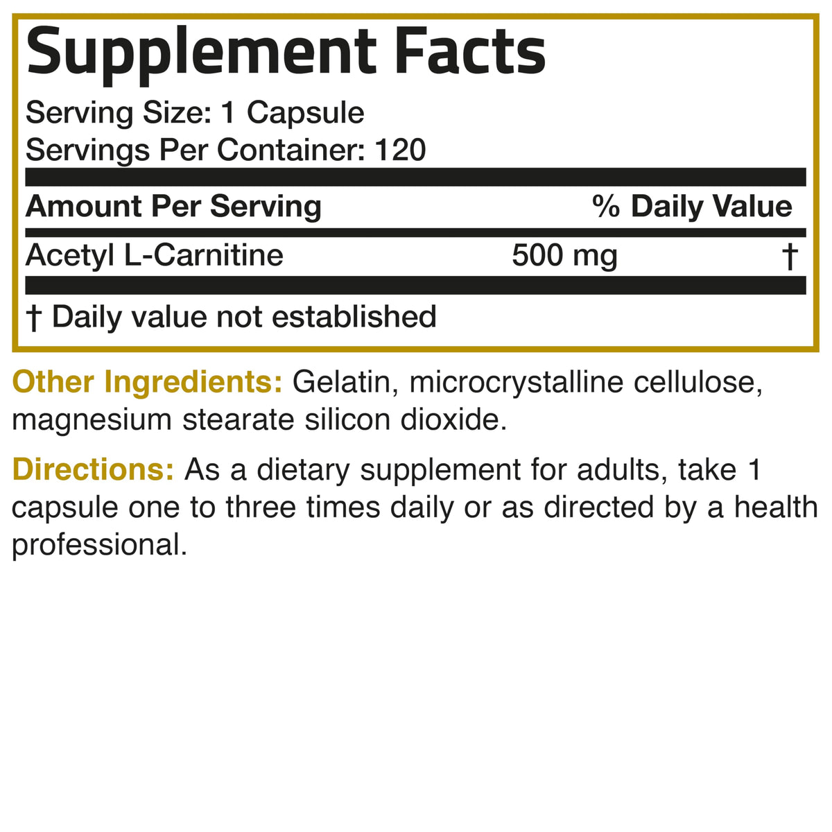 Bronson Acétyl L-Carnitine 500 mg, informations nutritionnelles au dos