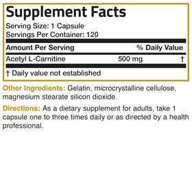 Bronson Acétyl L-Carnitine 500 mg, informations nutritionnelles au dos