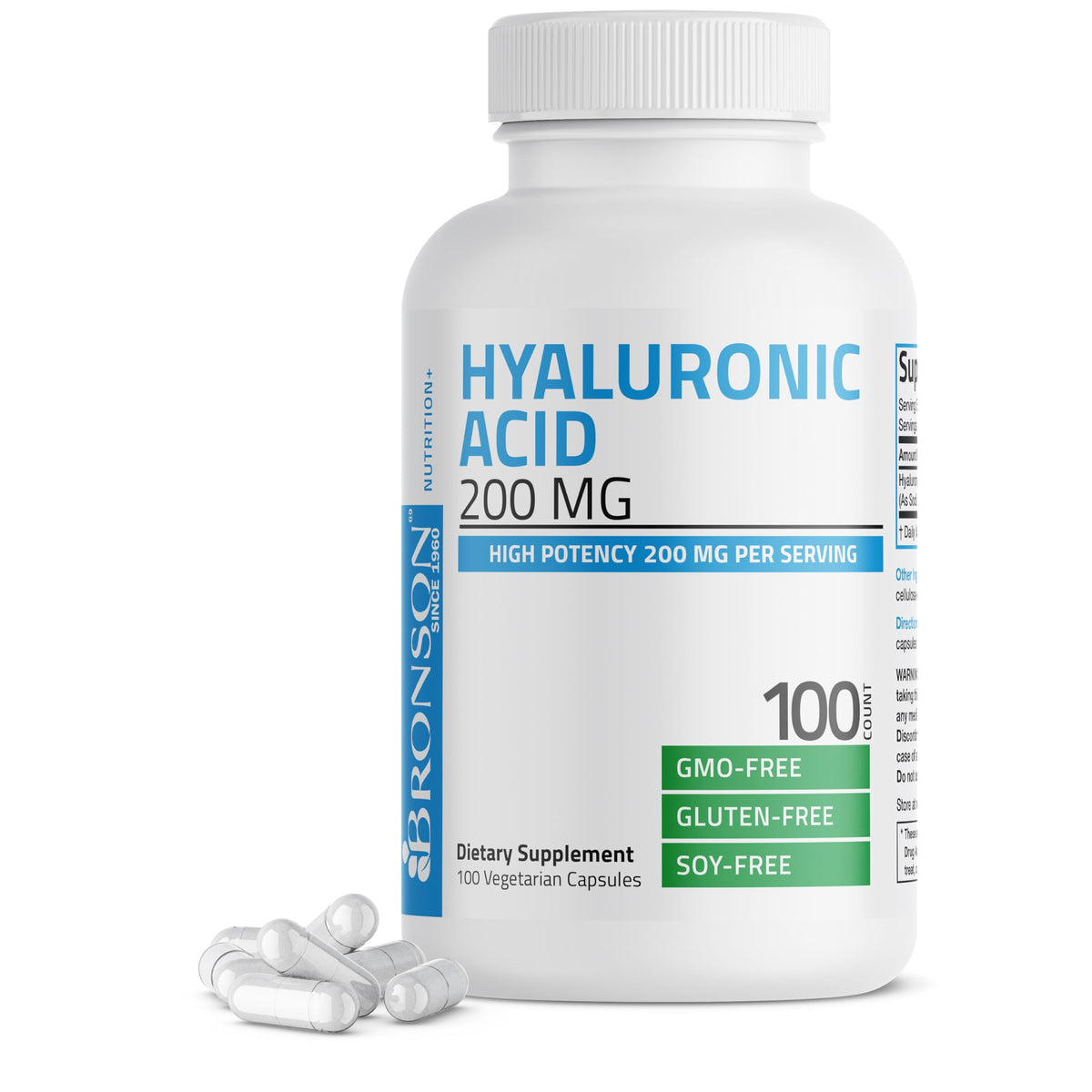 Bronson Acide Hyaluronique 200 mg 100 Capsules, vue de face