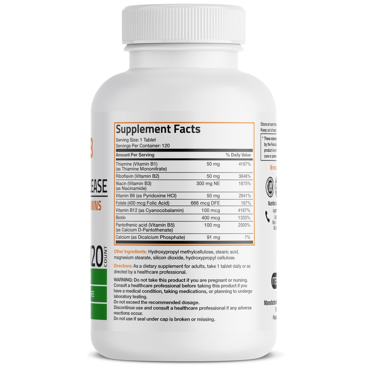 Bronson B-Complex 120 comprimés avec étiquette détaillant les vitamines