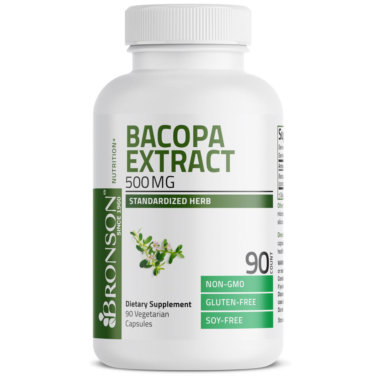 Bronson Bacopa Monnieri Extrait 500 mg capsules sur fond blanc