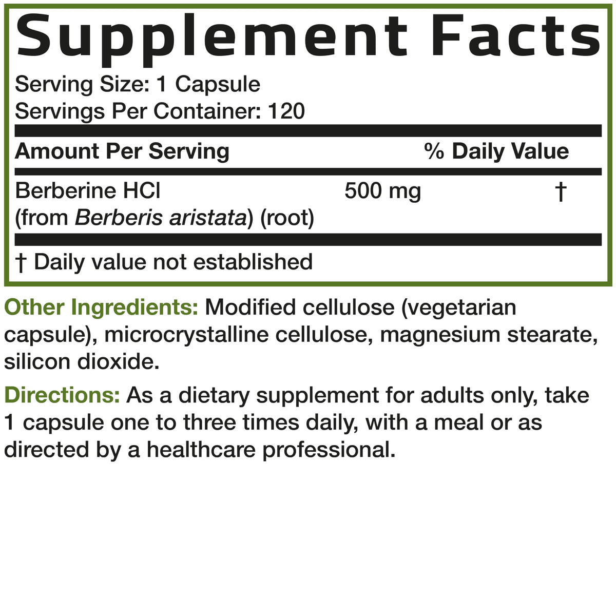Bronson Berbérine HCl 500 mg, capsules dans une main