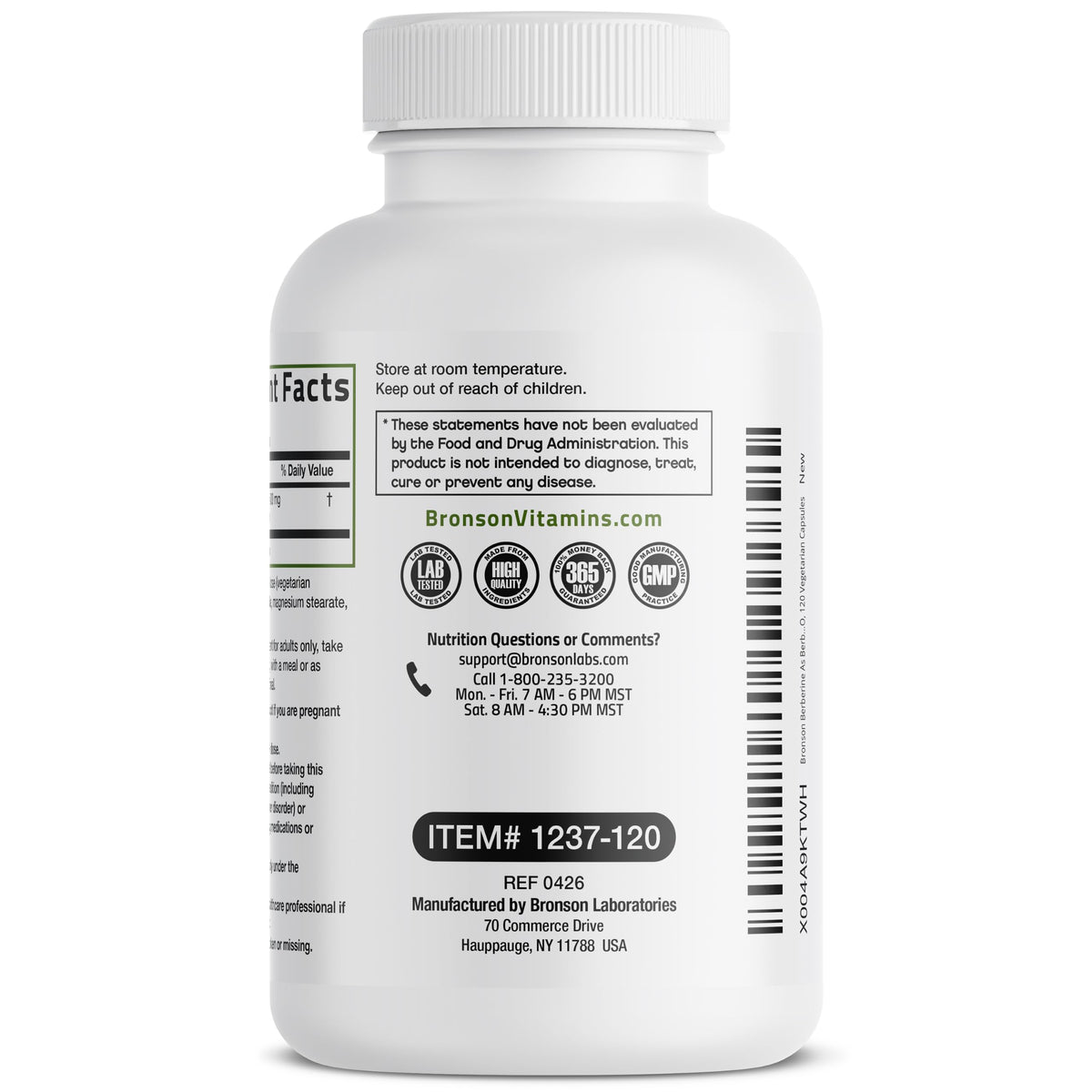 Bronson Berbérine HCl 500 mg, vue de l'arrière de la boîte
