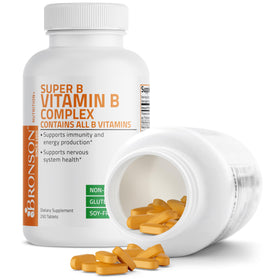 Bronson complexe de vitamines B 250 comprimés à côté d'un verre d'eau