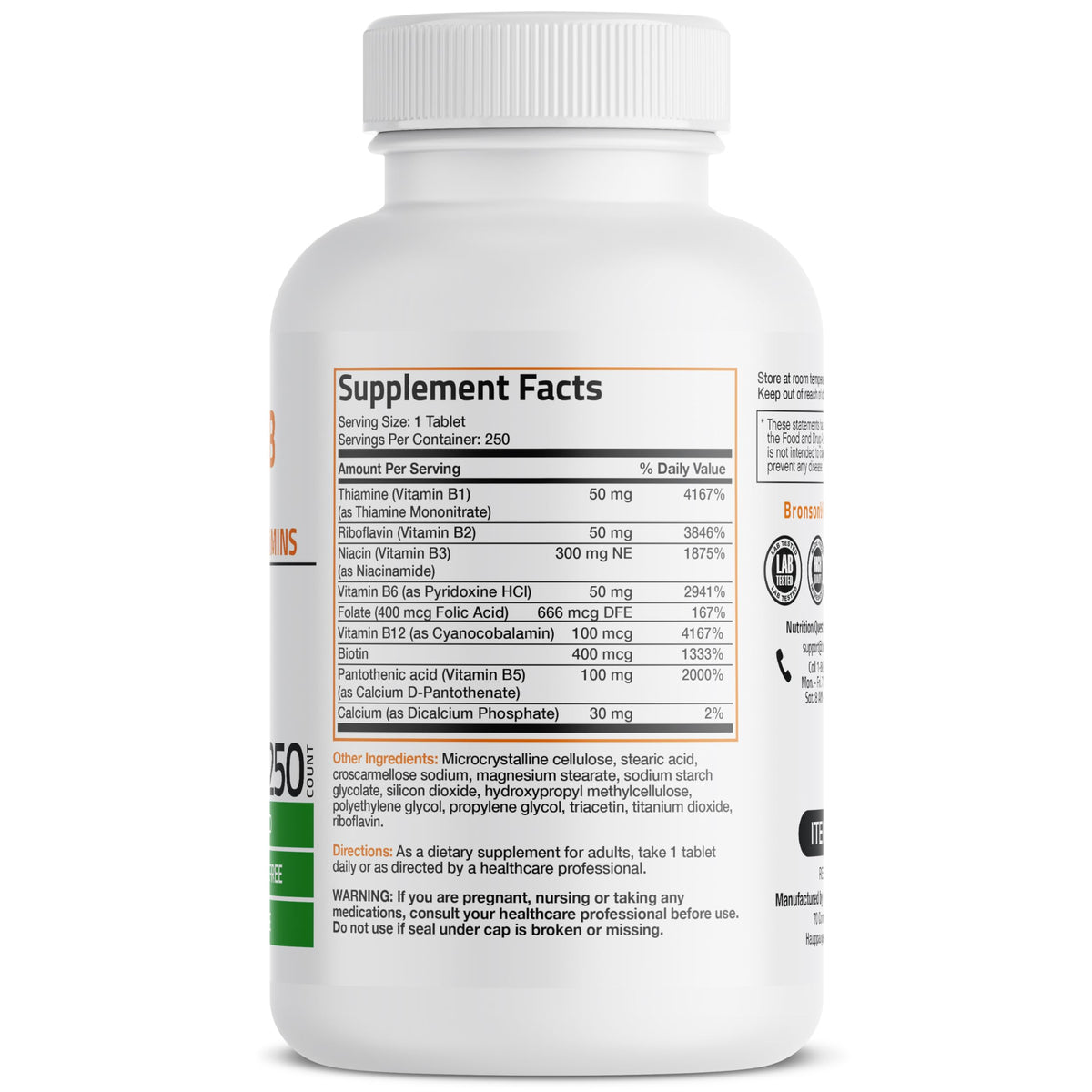 Bronson complexe de vitamines B 250 comprimés avec étiquette