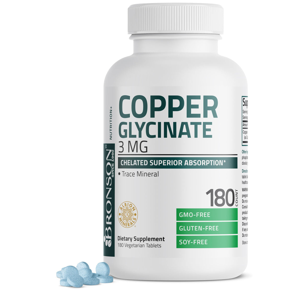 Bronson Cuivre 3 mg Bisglycinate Chélaté 180 comprimés végétariens vue avant