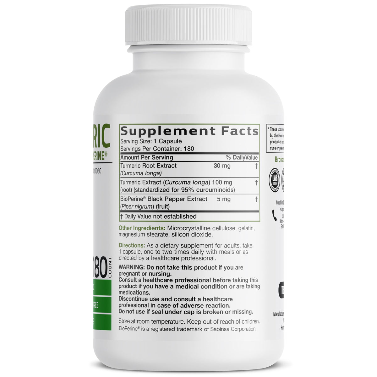 Bronson Curcuma Curcuma BioPerine 180 Capsules arrière