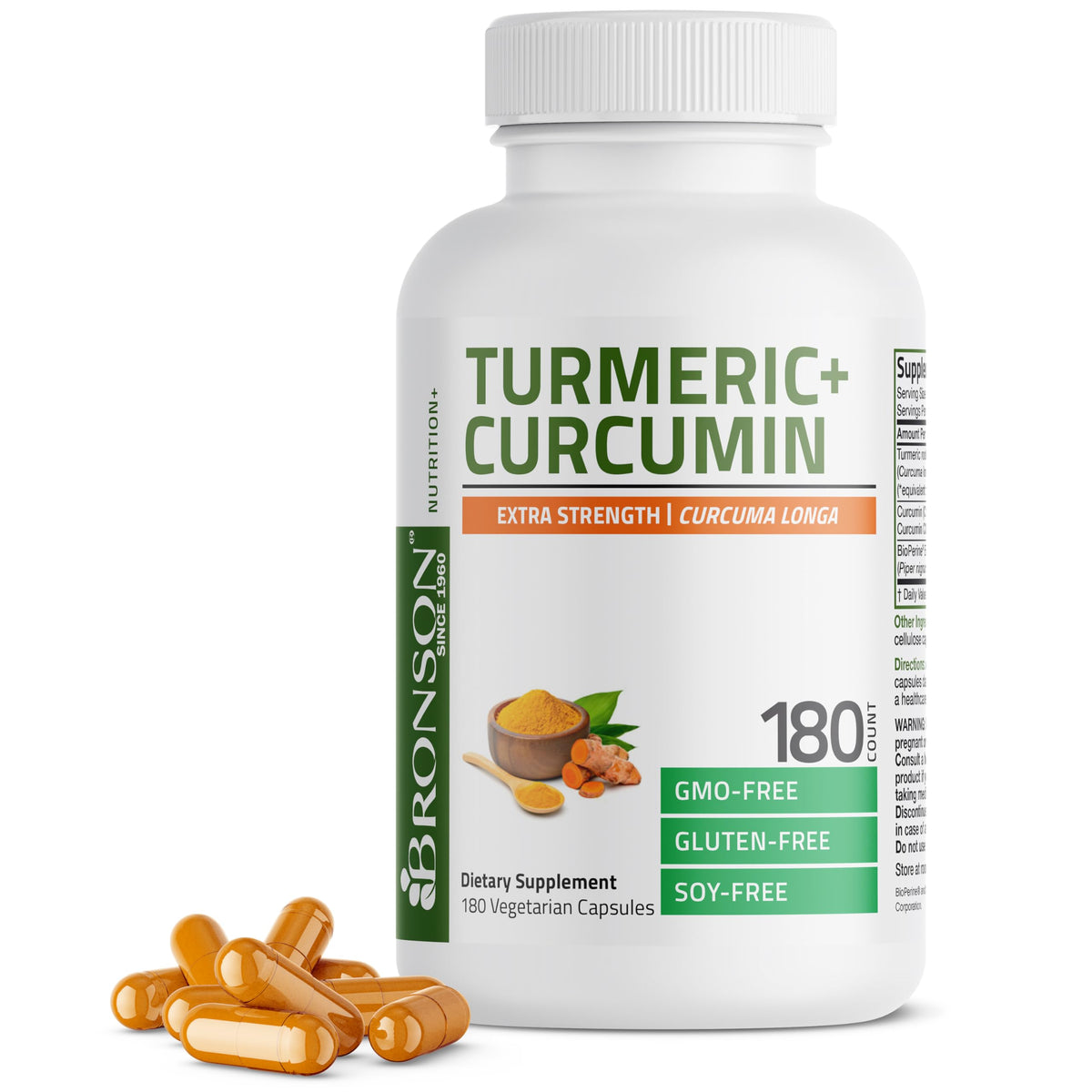 Bronson Curcuma Curcumin Extra 180 capsules végétariennes, vue de face