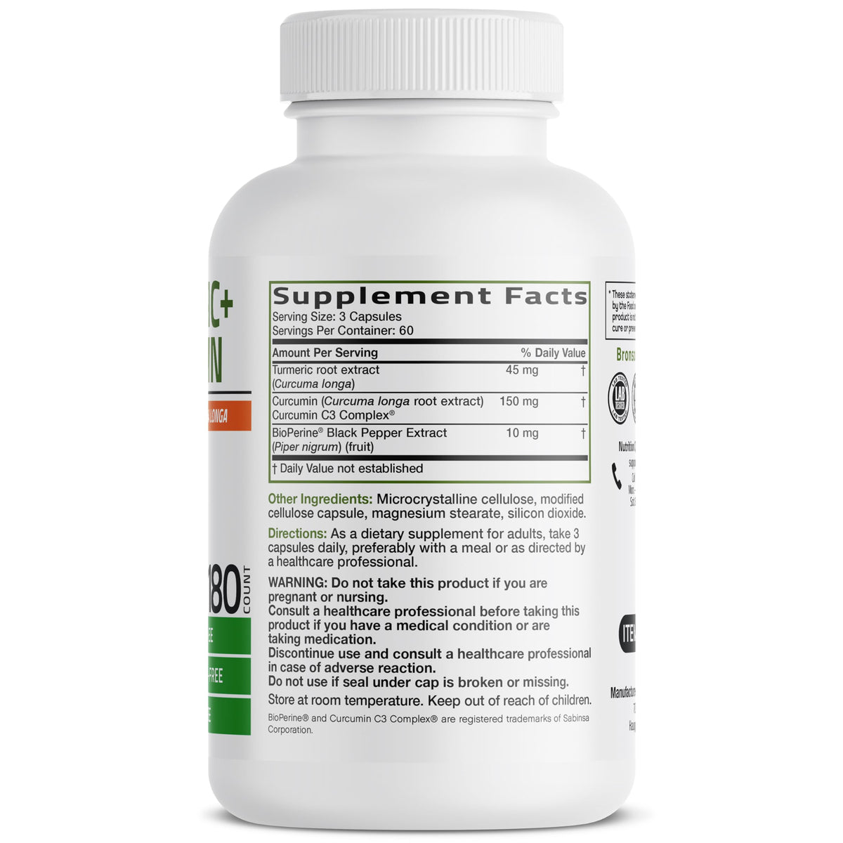 Bronson Curcuma Curcumin Extra, étiquette et informations nutritionnelles