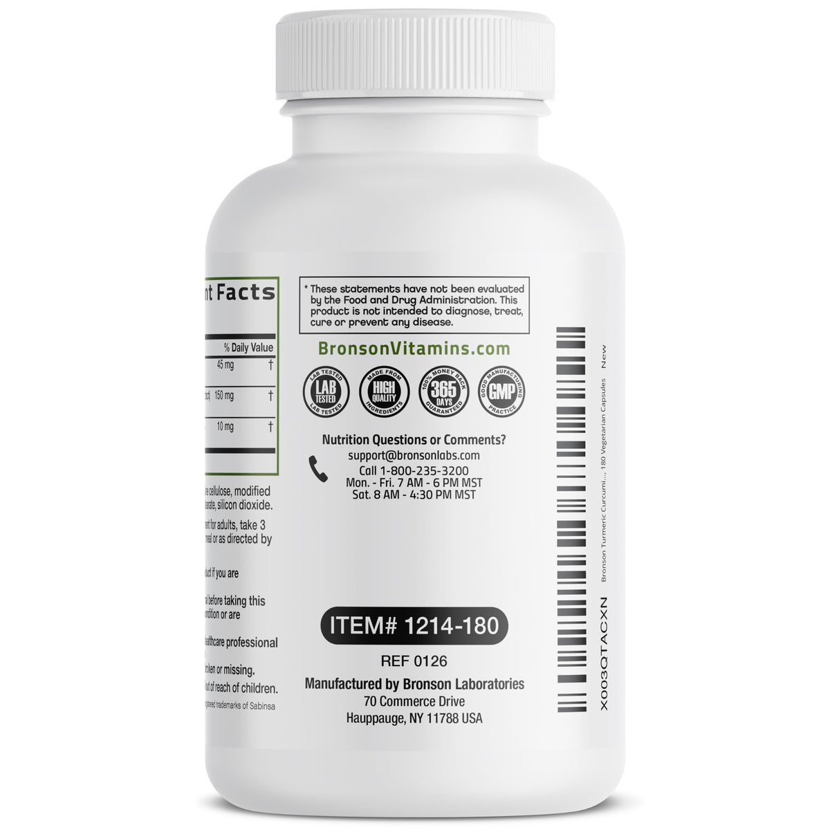 Bronson Curcuma Curcumin Extra, flacon ouvert avec capsules visibles