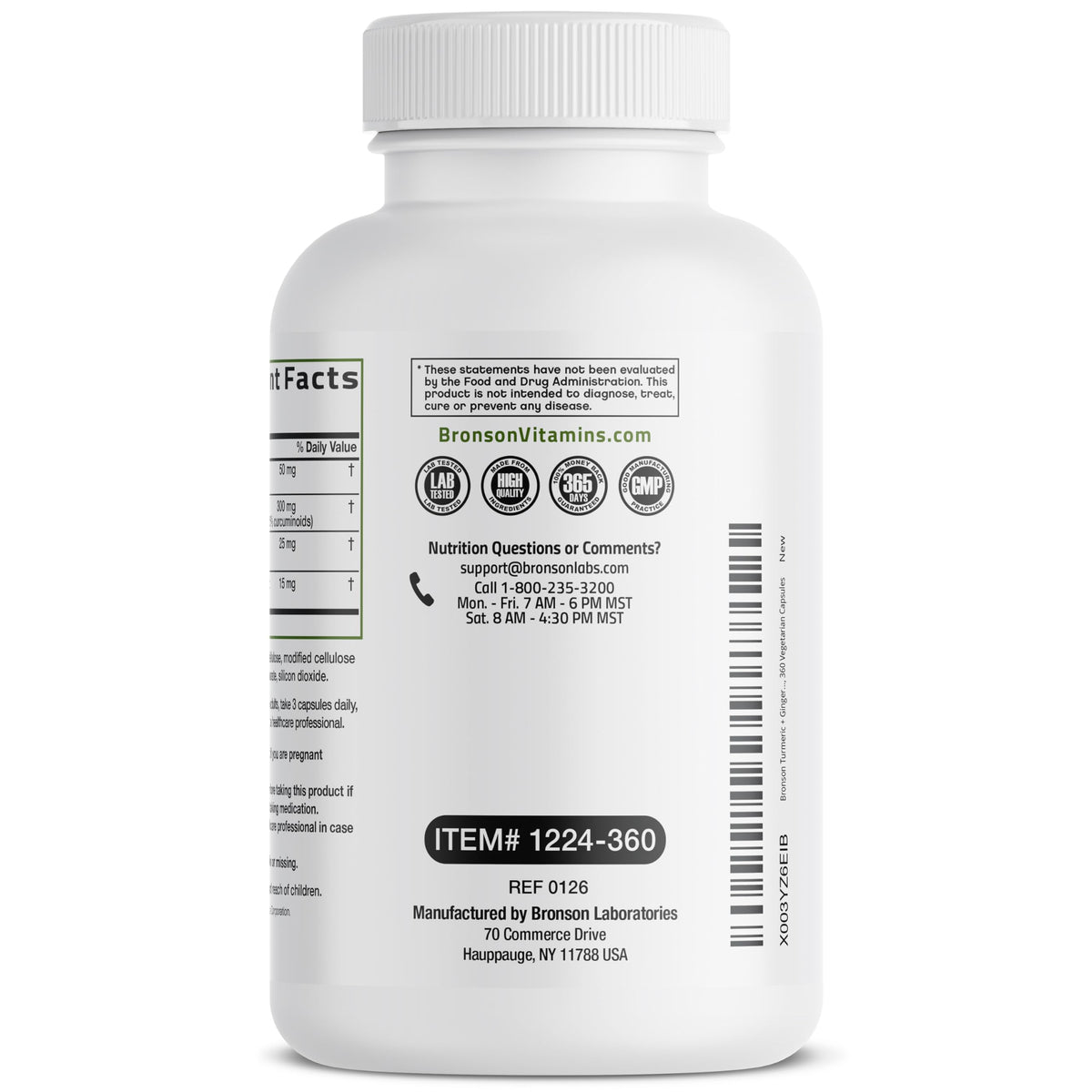 Bronson Curcuma + Gingembre 360 capsules végétariennes ouvertes