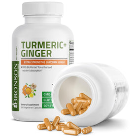 Bronson Curcuma + Gingembre 360 capsules végétariennes sur une table