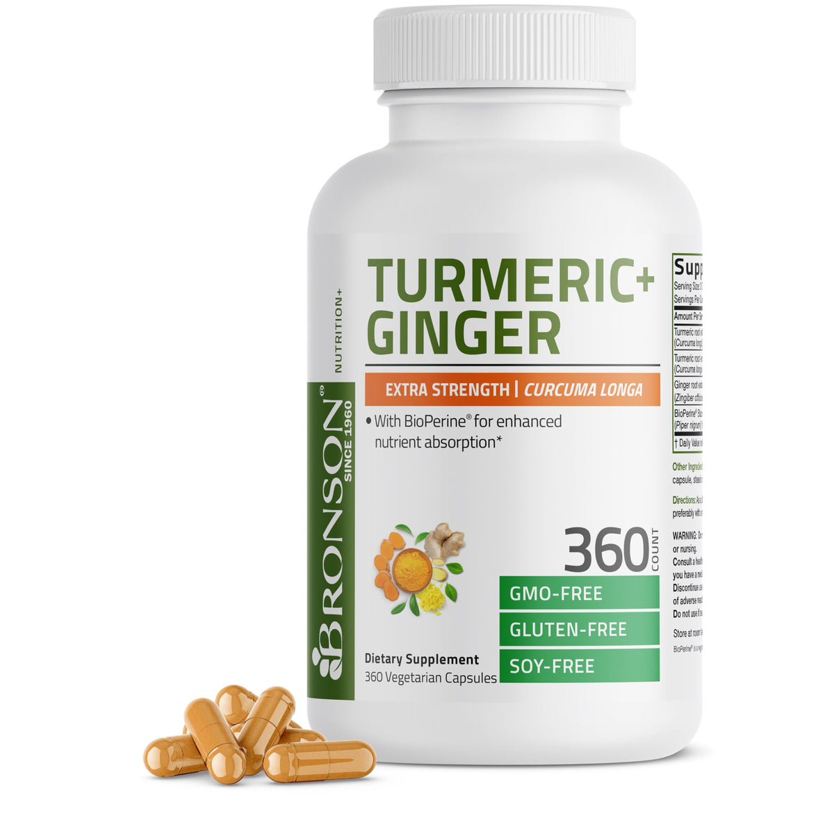 Bronson Curcuma + Gingembre 360 capsules végétariennes vue de face