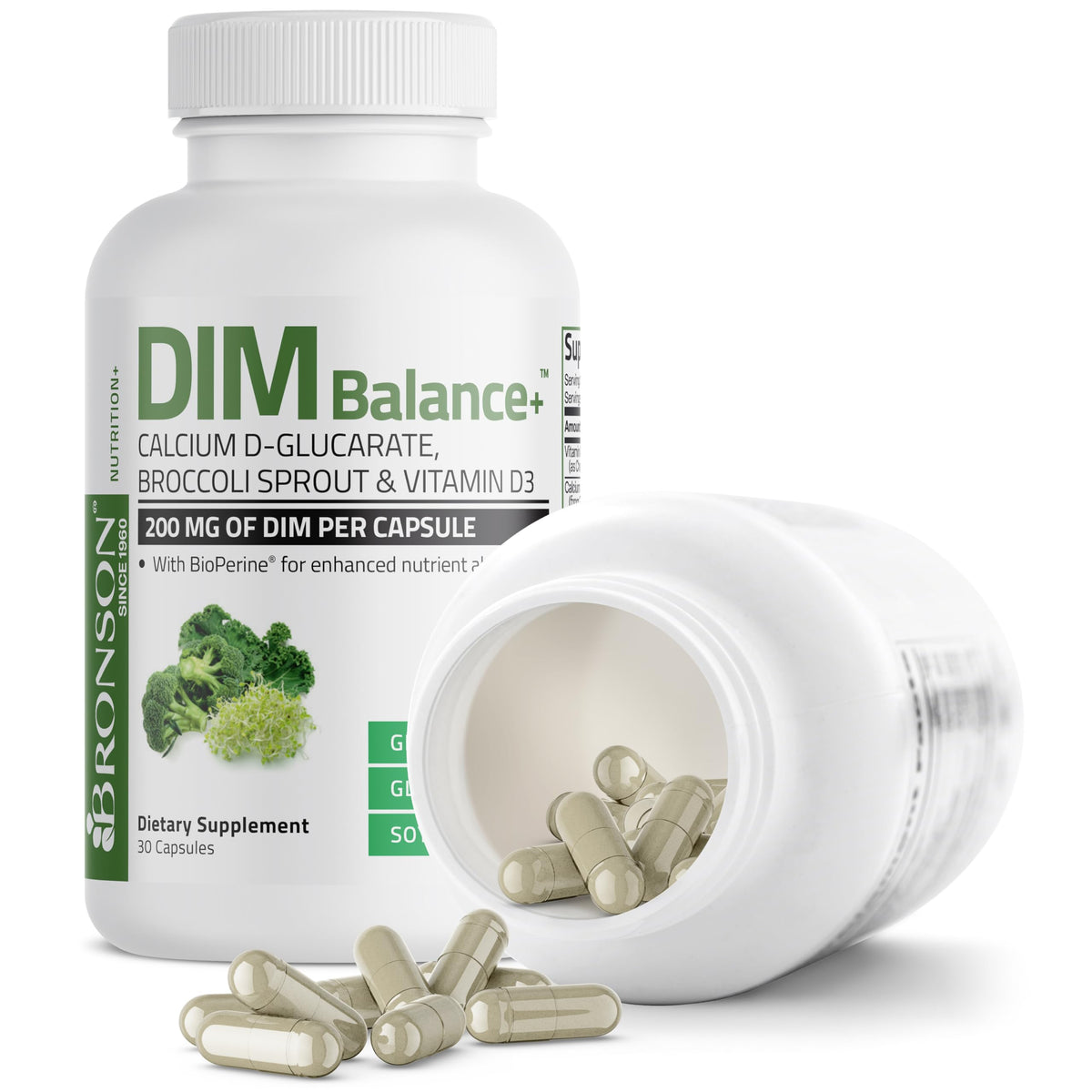 Bronson DIM Balance+ 200 mg 30 capsules végétariennes, capsules dans une main