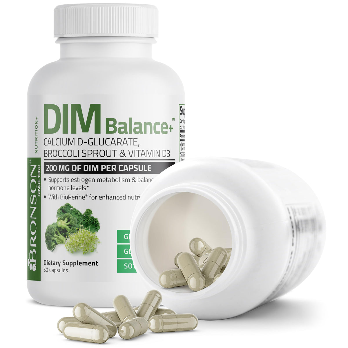 Bronson DIM Balance+ 200 mg capsules végétariennes, mise en scène sur une table