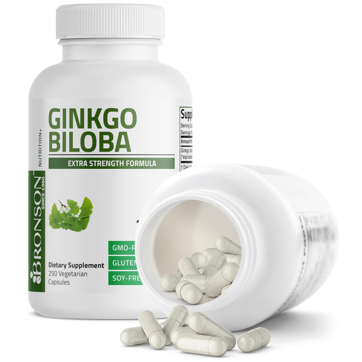 Bronson Ginkgo Biloba 250 capsules, étiquette détaillant les ingrédients