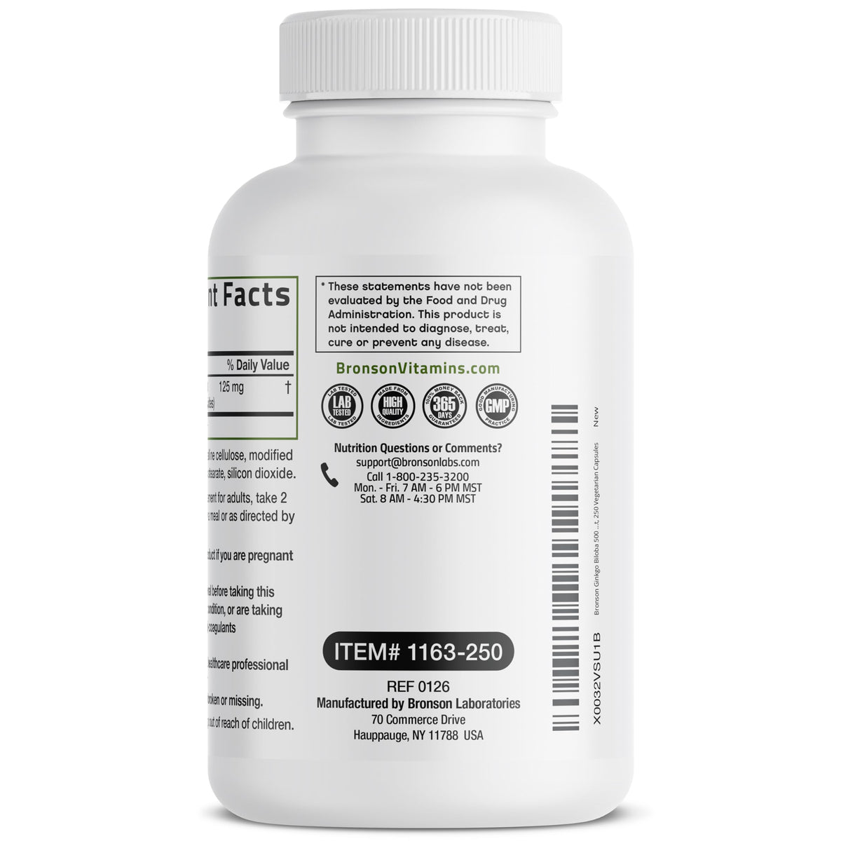 Bronson Ginkgo Biloba 250 capsules, vue en gros plan des gélules
