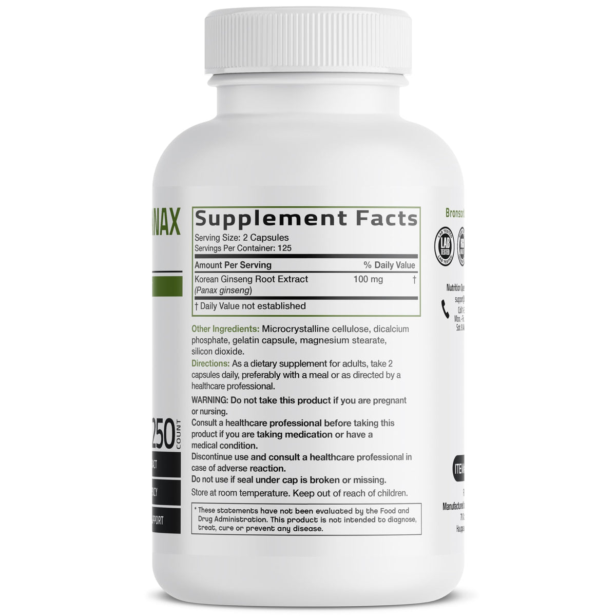 Bronson Ginseng Coréen Panax capsules de côté