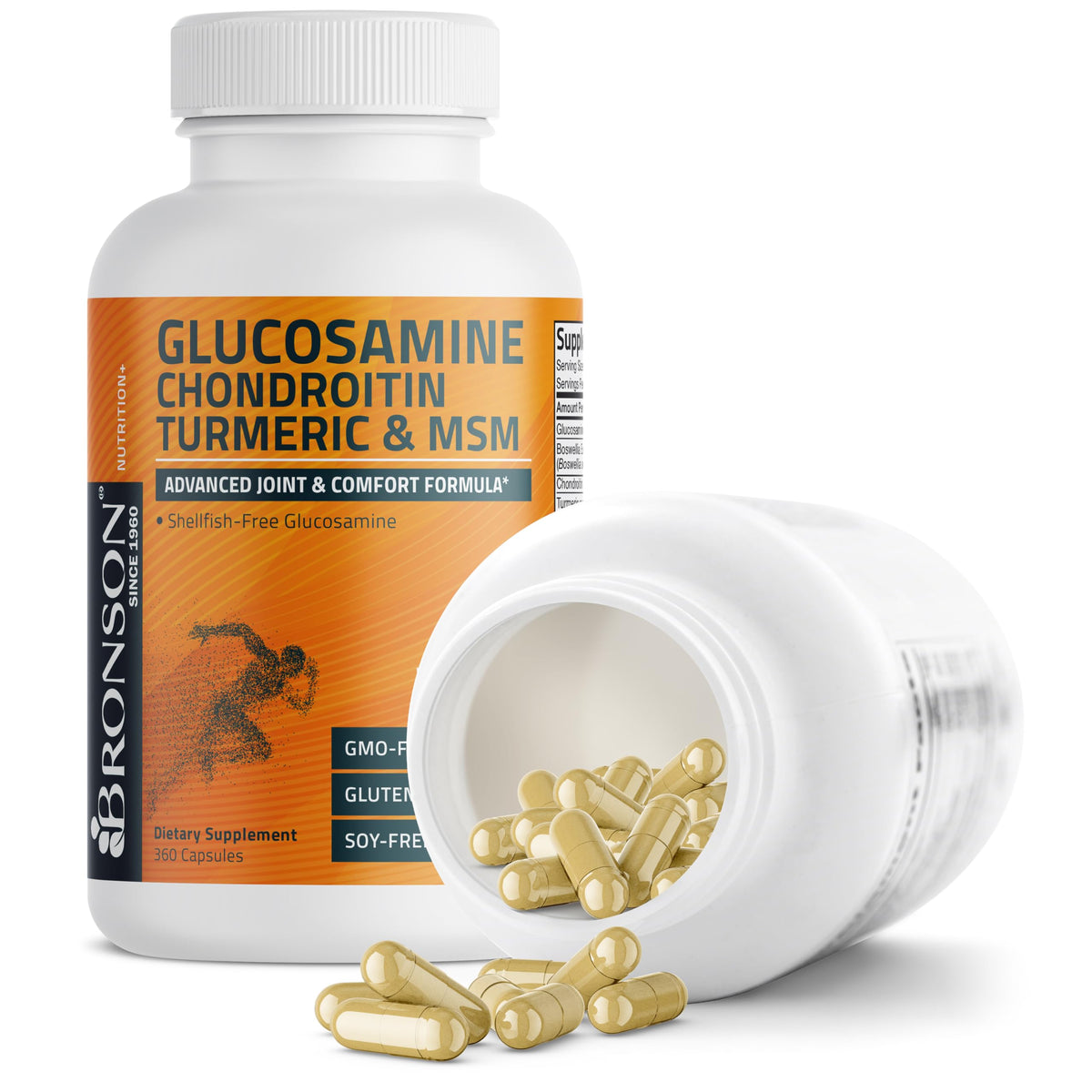 Bronson Glucosamine Chondroitin Turmeric & MSM capsules ouvertes montrant leur taille