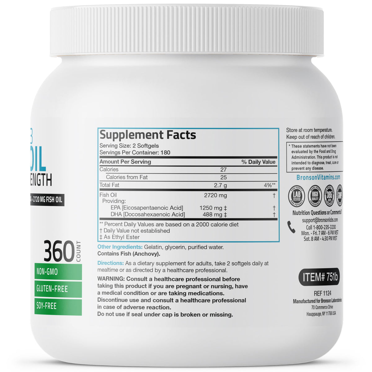 Bronson Huile de Poisson Omega-3 360 gélules packaging