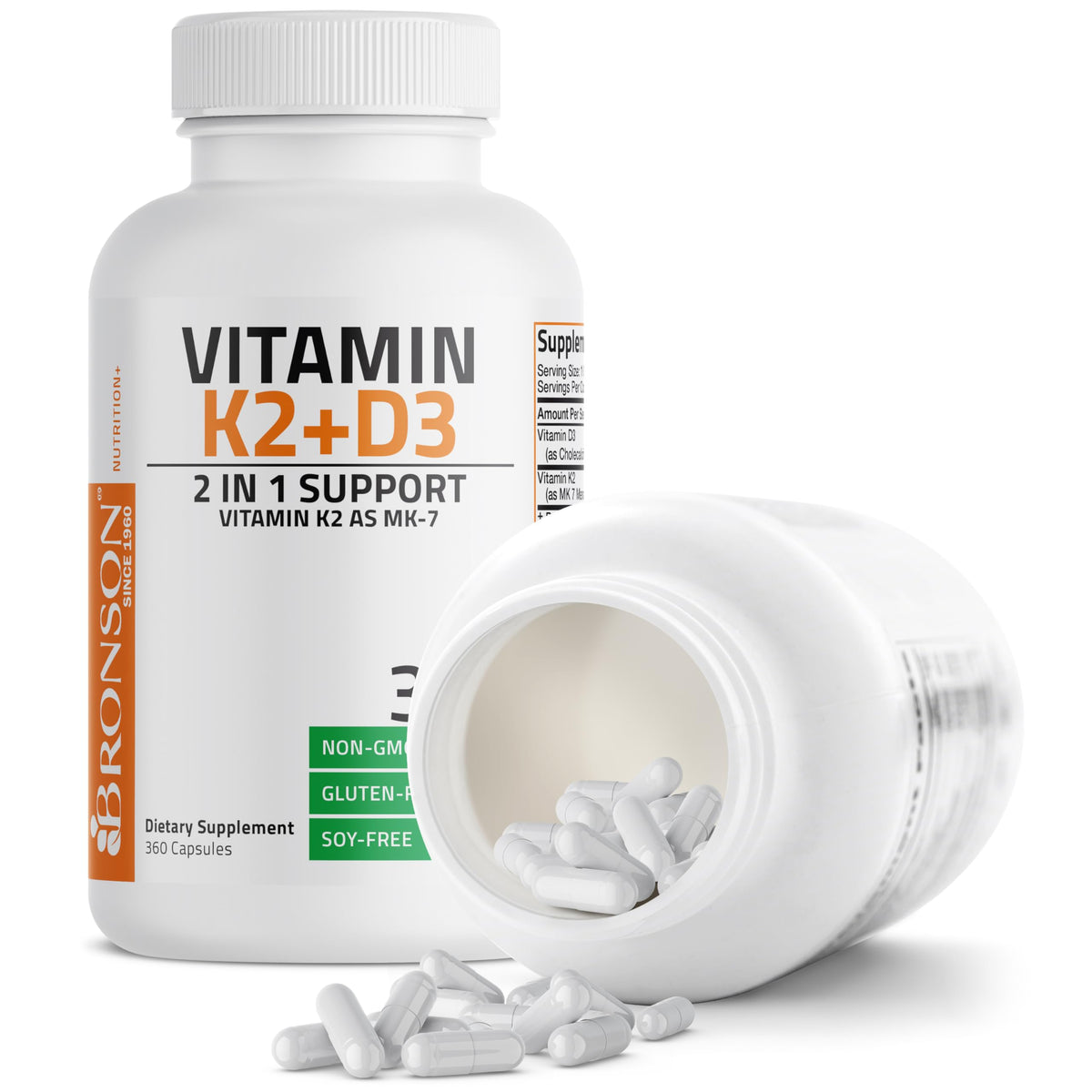 Bronson K2 D3 360 Capsules avec une main tenant le flacon
