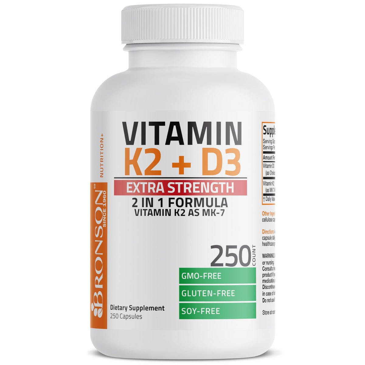 Bronson K2 D3 Extra Fort 250 Capsules sur fond blanc