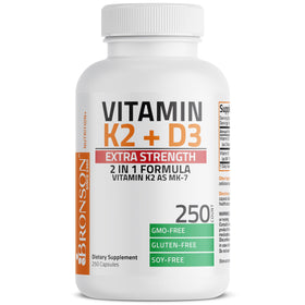 Bronson K2 D3 Extra Fort 250 Capsules sur fond blanc