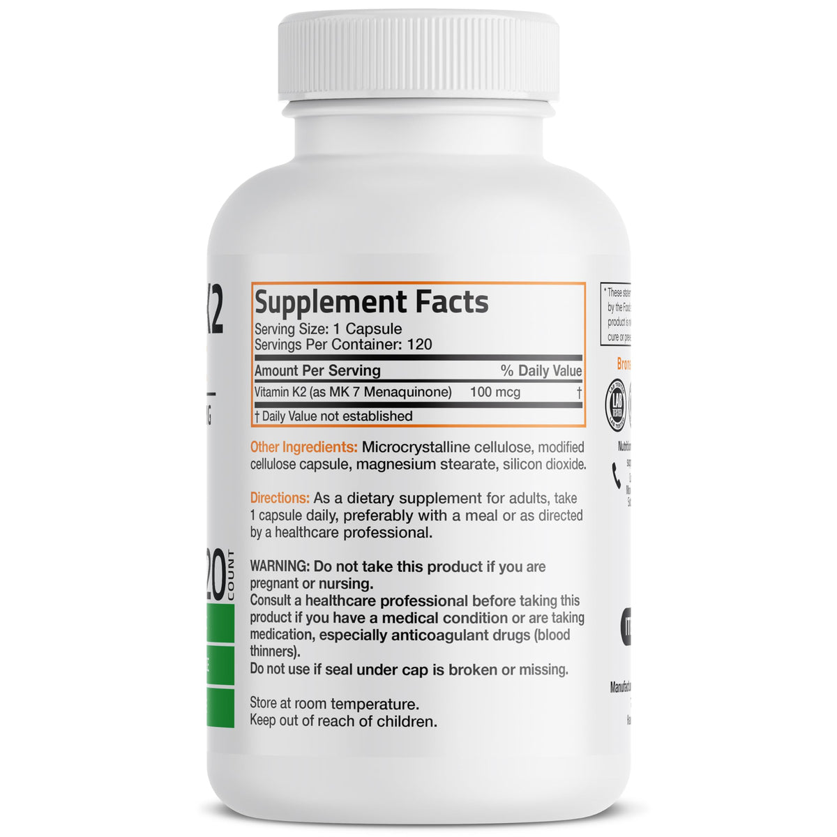 Bronson K2 MK-7 capsules bottle with 120 count
