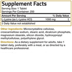 Bronson L-Lysine Extra Strength 1000 mg 250 comprimés végétariens avec un verre d'eau