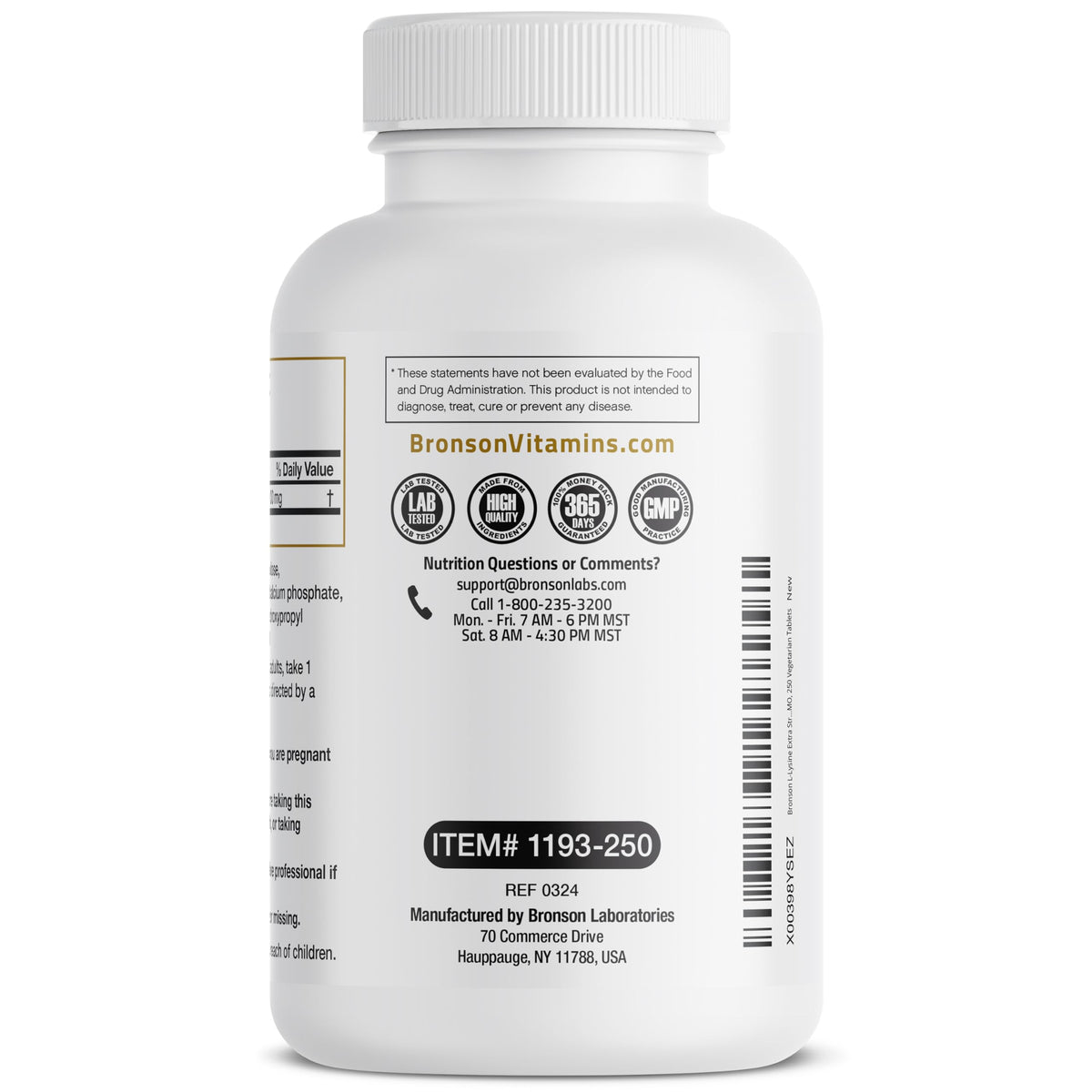 Bronson L-Lysine Extra Strength 1000 mg 250 comprimés végétariens dos