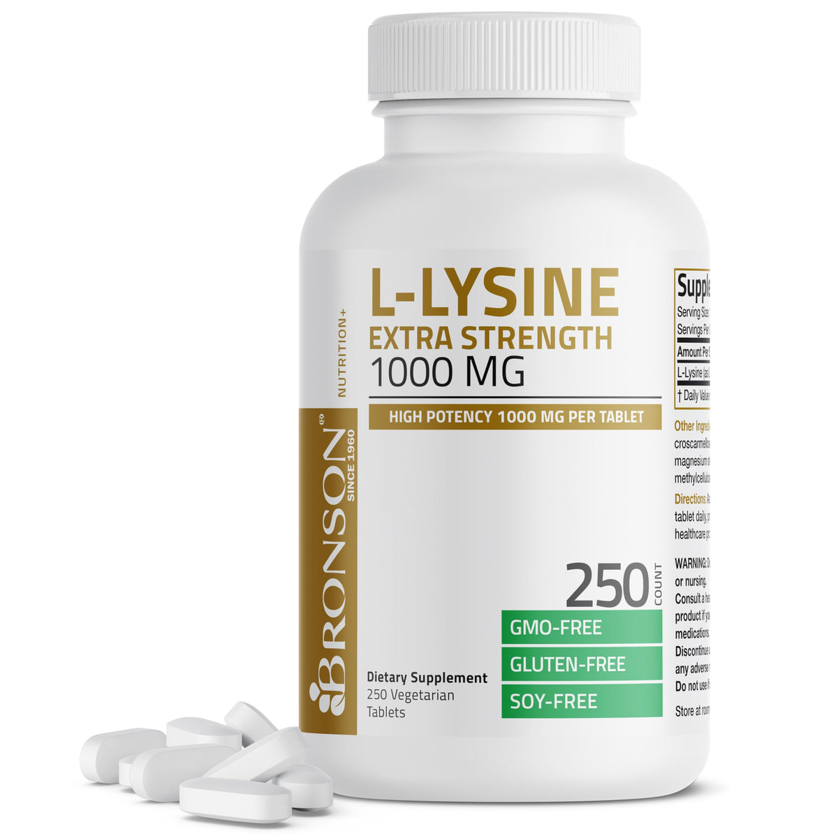 Bronson L-Lysine Extra Strength 1000 mg 250 comprimés végétariens face