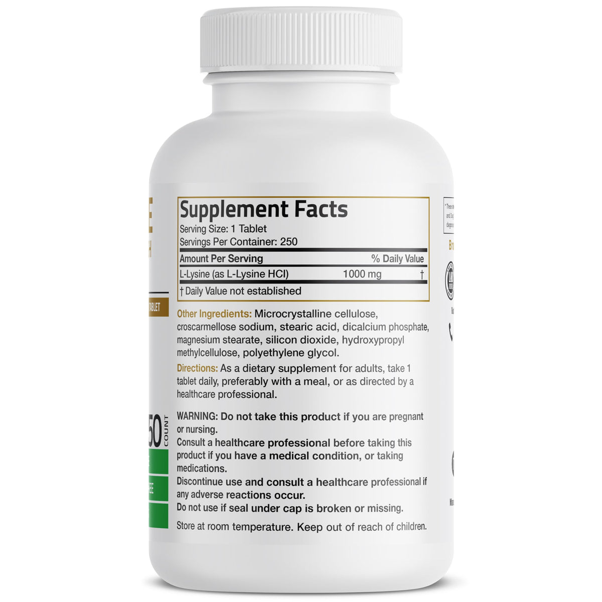 Bronson L-Lysine Extra Strength 1000 mg 250 comprimés végétariens ouvert