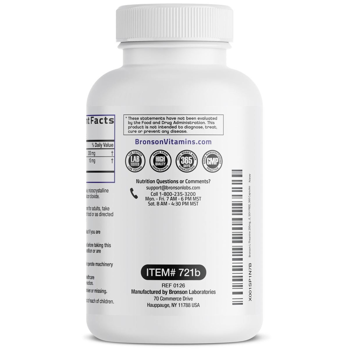 Bronson L-Théanine 200 mg 360 capsules avec étiquette détaillée